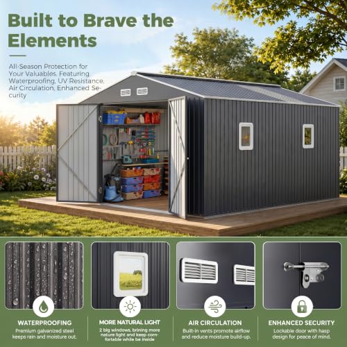 10x10 FT Metal Outdoor Storage Shed with Unique Base Sunroof Window Lockable Double Door Vent Heavy Duty Reinforced Frame Waterproof Sheds for Garden Large Lawnmower Tool
