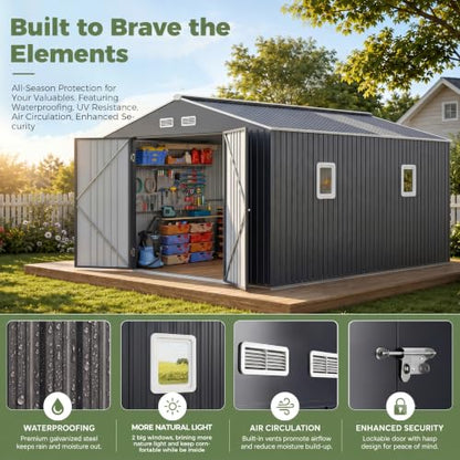 10x10 FT Metal Outdoor Storage Shed with Unique Base Sunroof Window Lockable Double Door Vent Heavy Duty Reinforced Frame Waterproof Sheds for Garden Large Lawnmower Tool