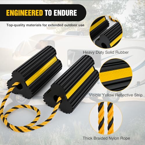 Wheel Chocks Rubber Yellow Reflective Strips 4 Pack with Rope