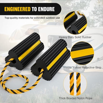 Wheel Chocks Rubber Yellow Reflective Strips 4 Pack with Rope