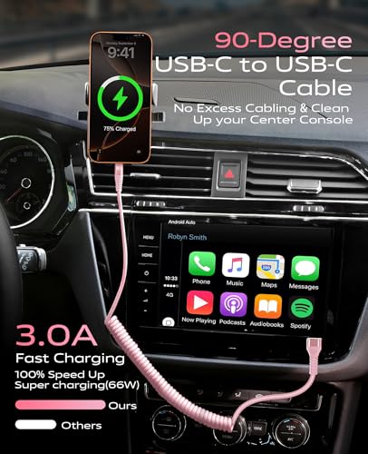 90 Degree Coiled USB C Cable for Car 3FT (2 Count)