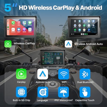 5 Inch Motorcycle Carplay GPS Navigation System with Apple Carplay and Android Auto Portable Screen with Dual Bluetooth