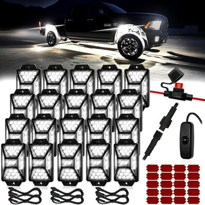 20 Pods Pure White LED Rock Lights Kit with Switch Wiring Harness (20 Count)