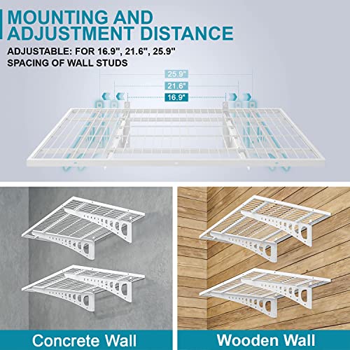 4-Pack 2×3ft(24×36 inch) Garage Wall Shelving, 1000 lbs Load Capacity, Garage Wall Mounted Shelves, Heavy Duty Shelf with Hooks, White