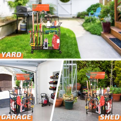 Rolling Garden Tool Organizer with Shelves and Hooks