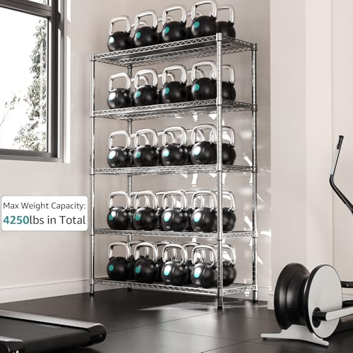 4250 LBS Garage Shelving Wide Storage Shelves 5 Tier Metal Shelves Heavy Duty Adjustable Utility Shelf Rack Chrome 17.7" D x 47.2" W x 70.4" H (5 Count)