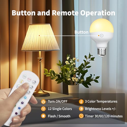E26 2500mAh Rechargeable Light Bulbs with Remote for Lamp Sconces