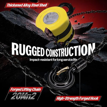 Hand Chain Hoist 1 Ton 2200 Lbs Capacity 10 Feet with 2 Hooks