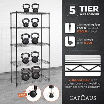 3/4/5-Tier Adjustable Height Wire Shelving Unit, Wire Rack Shelving, Metal Steel Storage Shelves, Garage Shelving Storage Organizer, Utility Storage Shelf, 5-Tier With Wheels, Black (5 Count)