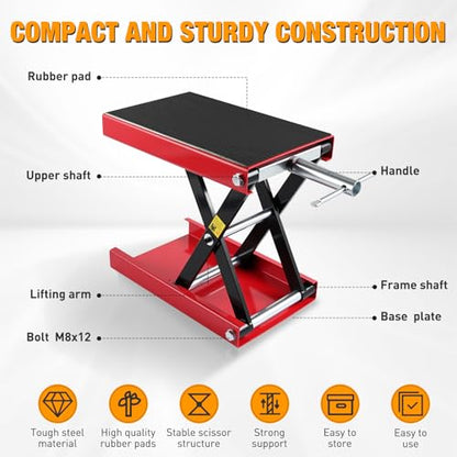 Motorcycle Lift Jack 1100 LBS Scissor Jack Stand Lift from 3.4" to 14.2" with Wide Deck Crank Handle Steel Scissor Hoist Garage Repair Lifter Table Jacks for Motorcycles ATV Dirt Bike