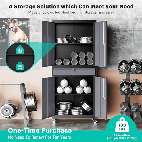 Metal Garage Storage Cabinet with Wheels and Drawer