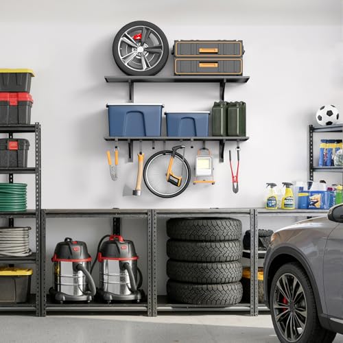 2 Pack Heavy Duty Garage Wall Shelving with 8 Hooks (2 Count)