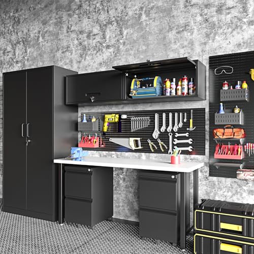 Small Wall Mounted Locking Cabinet Metal Garage Storage Cabinet Hanging Medicine Lockable Steel Utility Floating Tool 14" H Assembly Required Black
