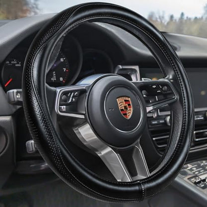 Top Grade Black Genuine Leather Steering Wheel Cover Men Women