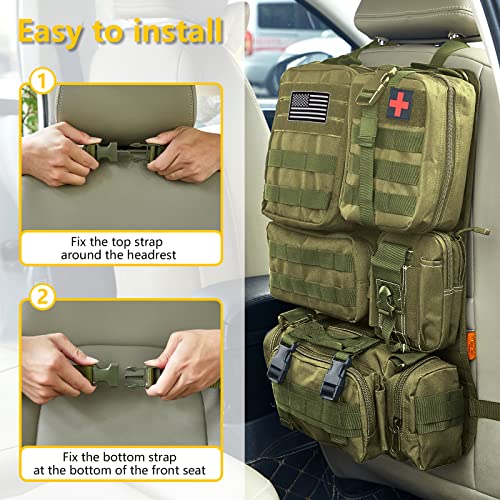 Universal Tactical Car Seat Back Organizer Bag Tactical Molle Vehicle Organizers Panel Vehicle Protector Organizers with 5 Detachable Pouches for Car Truck Ford Jeep