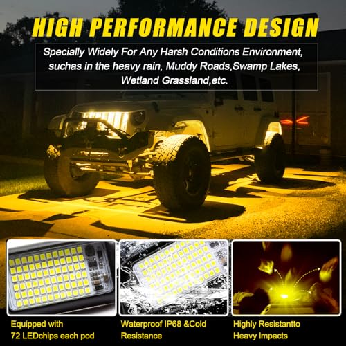 4Pods Pure Yellow 72 LEDs SMD Chips 72w High Power Rock Lights Super Bright Yellow Offroad Car Boat Underglow Lights IP68 Waterproof for Truck SUV UTV ATV RZR