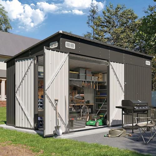 8'x12' Outdoor Lean to Storage Shed with Triple Doors Utility Galvanized Steel Sheds for Vertical Storage