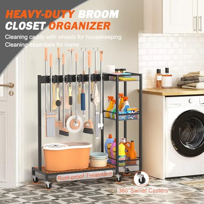 Broom Holder with Cleaning Supplies Organizer