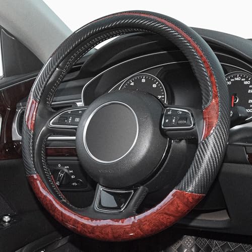 Wood Grain Steering Wheel Cover Red Universal Microfiber Leather