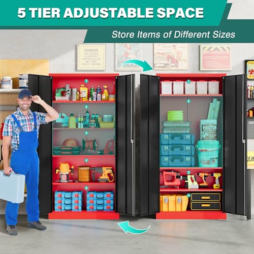 Red Metal Storage Cabinet with Locking Doors and Shelves