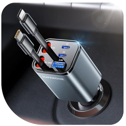 2026 Compact SUPERONE Retractable Car Charger with USB C & Apple Cables