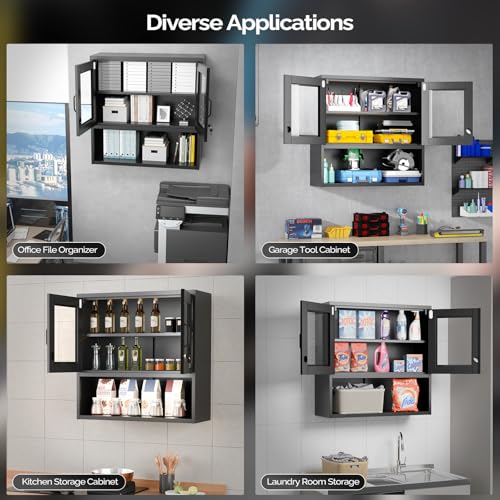 Metal Wall Cabinet with Locking Glass Doors