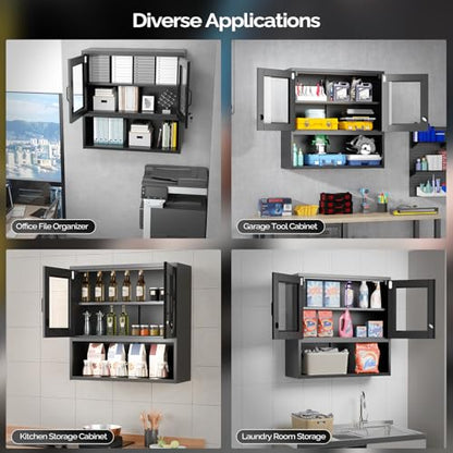 Metal Wall Cabinet with Locking Glass Doors