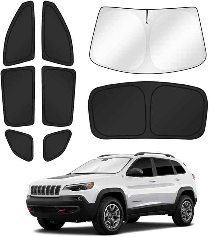 Sunshades for Jeep Cherokee 2014-2023 (Not for Jeep Grand Cherokee) Windshield Sun Shade Side Rear Window Shade Cover Sun Visor Shield Privacy Protection Keep Vehicle Cool Black 8PCS