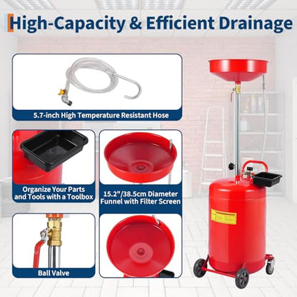 20 Gallon Waste Oil Drain Tank Portable Air Operated Oil Drainer with Adjustable Funnel Height 38