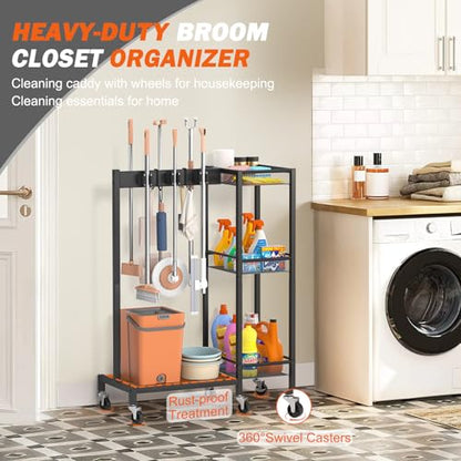 Broom Holder with Cleaning Supplies Organizer