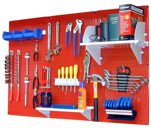 4 ft Metal Pegboard Standard Tool Storage Kit with Red Toolboard and White Accessories