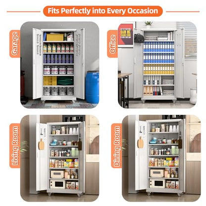 71" White Metal Storage Cabinet with Wheels and Pegboard