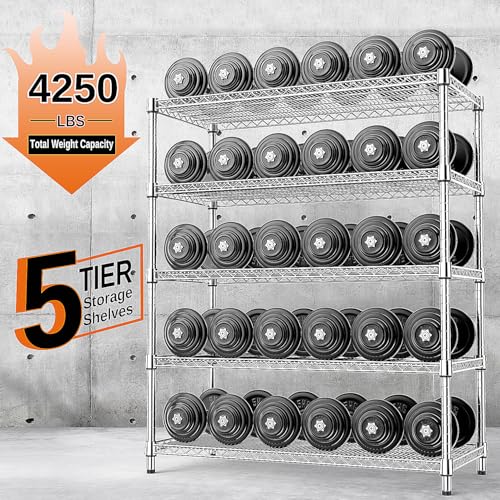 4250 LBS Garage Shelving Wide Storage Shelves 5 Tier Metal Shelves Heavy Duty Adjustable Utility Shelf Rack Chrome 17.7" D x 47.2" W x 70.4" H (5 Count)