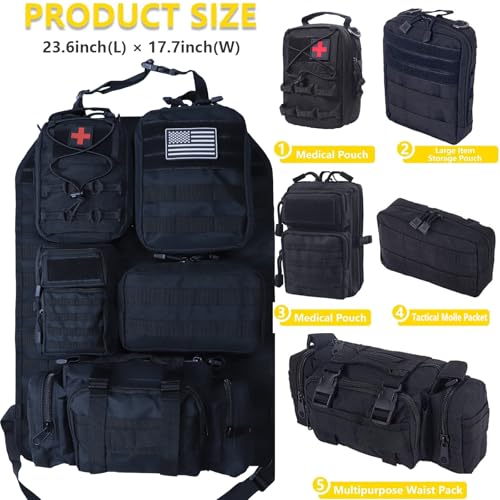 Universal Tactical Car Seat Back Organizer Bag Tactical Molle Vehicle Organizers Panel Vehicle Protector Organizers with 5 Detachable Pouches for Car Truck Ford Jeep