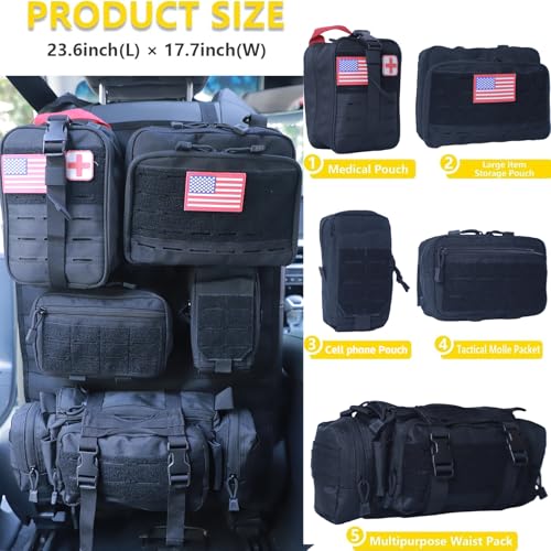 Universal Tactical Car Seat Back Organizer Bag Tactical Molle Vehicle Organizers Panel Vehicle Protector Organizers with 5 Detachable Pouches for Car