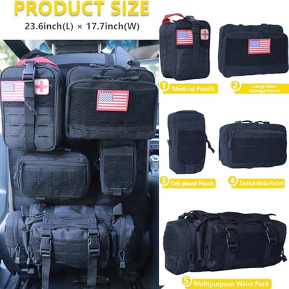 Universal Tactical Car Seat Back Organizer Bag Tactical Molle Vehicle Organizers Panel Vehicle Protector Organizers with 5 Detachable Pouches for Car