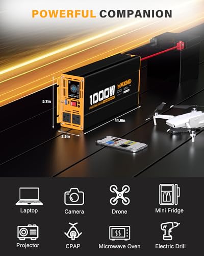 1000W Pure Sine Wave Power Inverter 12V DC to 110V 120V AC Converter with 2 AC Outlets