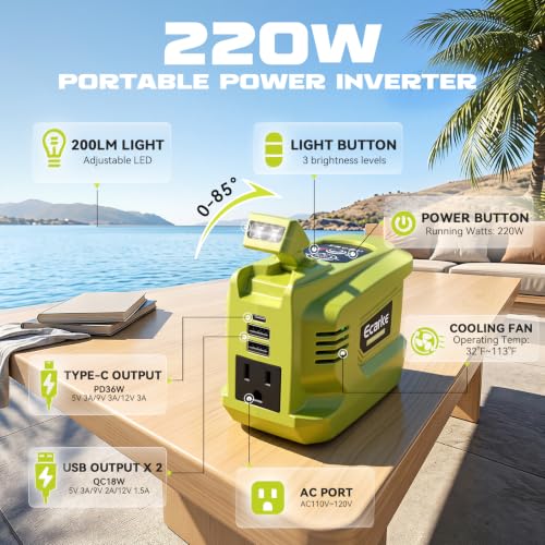 220W Portable Power Inverter Compatible with Ryobi 18V Battery