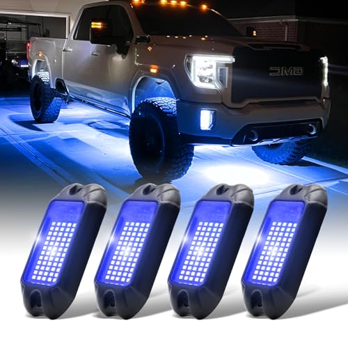 4Pods Pure Blue LED Rock Lights 72w high Power Rock Lights Neon Underglow Light for Car Trucks ATV UTV SUV Boat Underbody Glow Trail Rig Light IP68 Waterproof