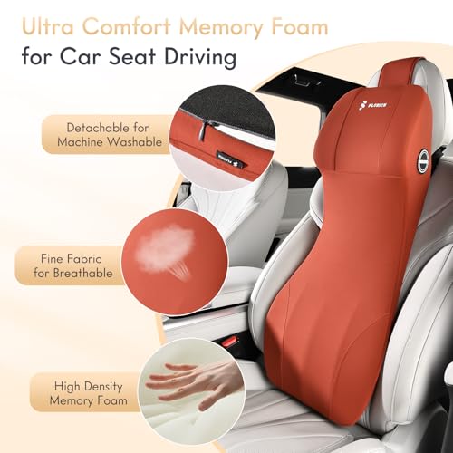 2-in-1 Lumbar Support with Headrest Pillow for Car Ergonomic Memory Foam Car Seat Back Cushion Integrated Lumbar Pillow with Car Neck Pillow for Driving Seat Relief Back Sciatica Pain, Red