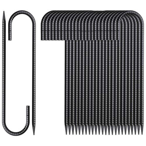 16 Inch Rebar Stakes J Hook 26 Pack Ground Stakes Heavy Duty Tent Stakes with Chisel Point End Chain Link Fence Stakes Galvanized Steel Ground Anchors Metal Spikes Black Coated (26 Count)