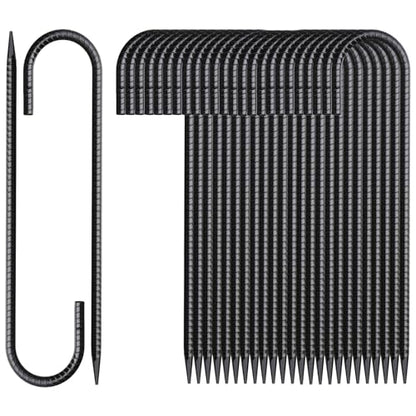 16 Inch Rebar Stakes J Hook 26 Pack Ground Stakes Heavy Duty Tent Stakes with Chisel Point End Chain Link Fence Stakes Galvanized Steel Ground Anchors Metal Spikes Black Coated (26 Count)