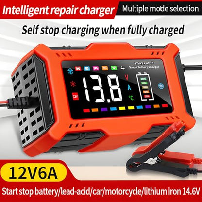 LiFePO4 Lead Acid Battery Charger Smart Battery Trickle Charger 12V 6A Automotive Battery Maintainer Desulfator Temp Compensation for Car Truck Motorcycle Lawn Mower Marine RV