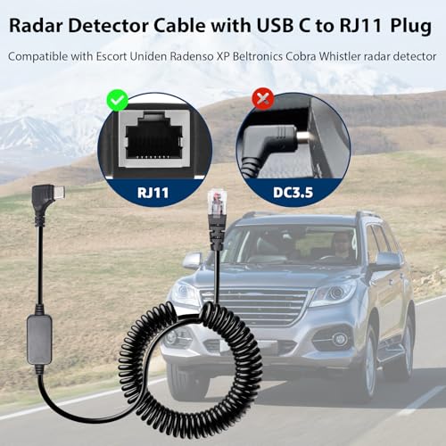 Universal Coiled USB C to RJ11 power cord for Escort Uniden Radar Detectors