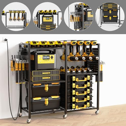 6 Tier Large Power Tool Organizer Cart with Charging Station
