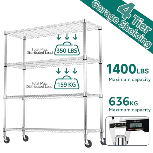 1400LBS 47.2" W 4 Tiers Storage Shelves Metal Shelving Unit with Wheels Heavy Duty Garage Shelving Adjustable Wire Shelves for Pantry