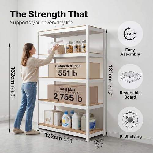 House 48.1" W 5 Tier Heavy Duty Garage Shelving Adjustable Metal Rack Storage Shelves Standing Shelf Unit Organizers Industrial Warehouse Basement White 2Pack (2 Count)