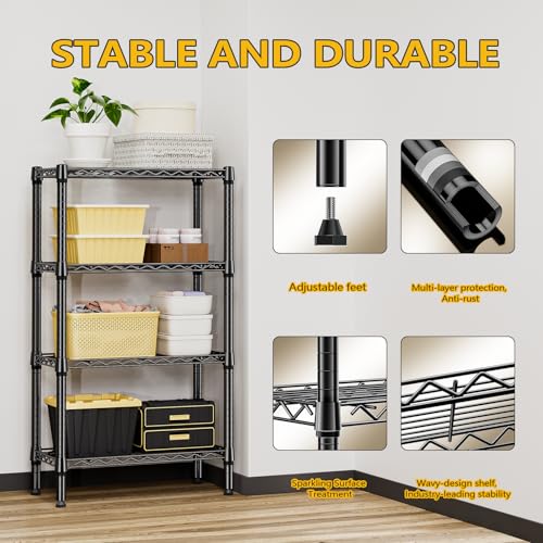 1000 lbs 4 Tier Shelf Metal Storage Shelves Wire Rack Closet Organizers for Garage Kitchen Bathroom Laundry Black 11.8" D x 25.6" W x 45.5" H (4 Count)