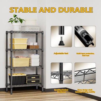 1000 lbs 4 Tier Shelf Metal Storage Shelves Wire Rack Closet Organizers for Garage Kitchen Bathroom Laundry Black 11.8" D x 25.6" W x 45.5" H (4 Count)
