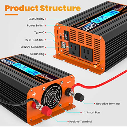 500 Watt Pure Sine Wave Power Inverter 12V DC to 110V 120V Converter for Home